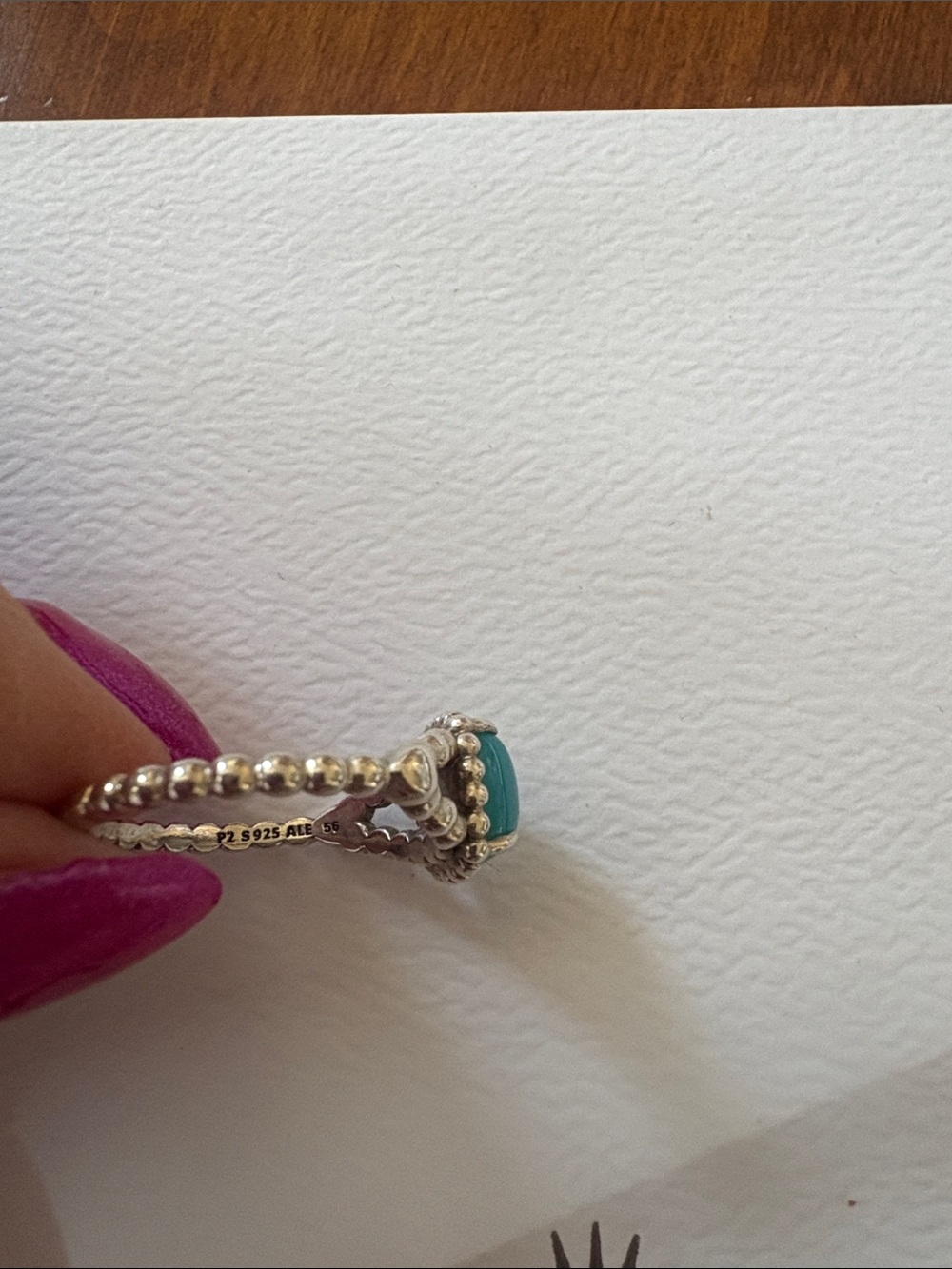 Pandora Turquoise Cushion Cabochon Beaded Silver Ring - Picture 3 of 4
